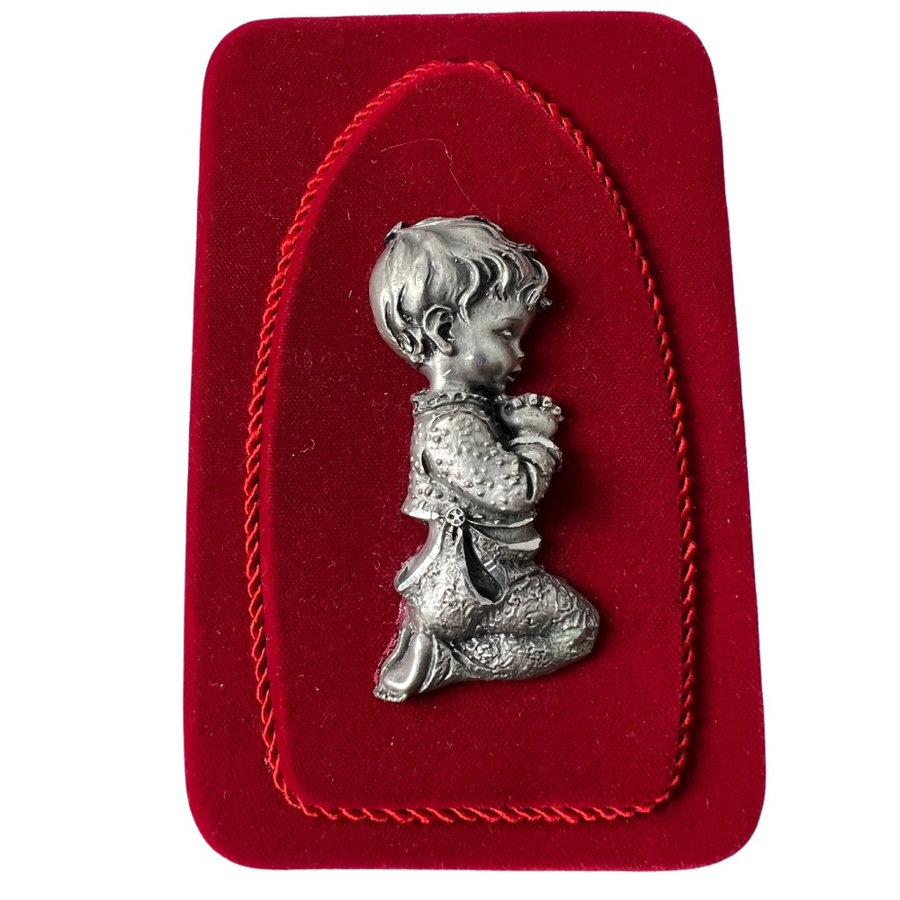 60s Vintage Praying Boy Italian Pewter Red Velvet Standing/Wall Collectiblie